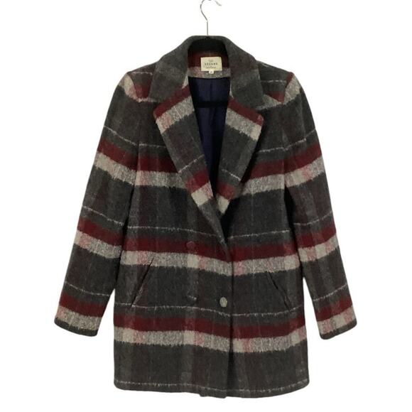Sezane Octave Coat In Burgundy Gray Tiles Size 8 Plaid Double Breasted Jacket - Picture 4 of 11